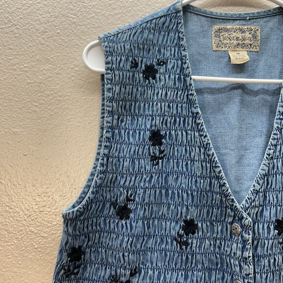 Vtg Denim Vest Black Floral Embroidered Chambray Western Cottagecore Prairie M - Picture 3 of 5